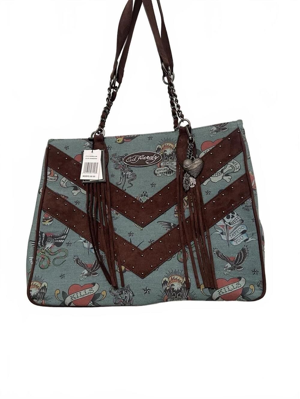 Ed Hardy Women's Tattoo Print Tote Bag Brown Blue with Studs